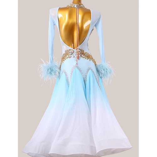 Custom size white with blue gradient feather competition ballroom dance dress for women girls waltz tango standard national foxtrot smooth dance long gown